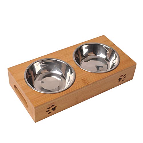 WENY Cuencos Dobles Comedero para Mascotas Cuenco De Agua para Alimentos Perro Gato Bambú Elevado Antideslizante Platos del Alimentador De Pie