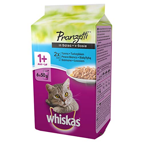 Whiskas Comida para Gatos con atún, Pescado Blanco y salmón, 12 Paquetes (72 Unidades en Total)