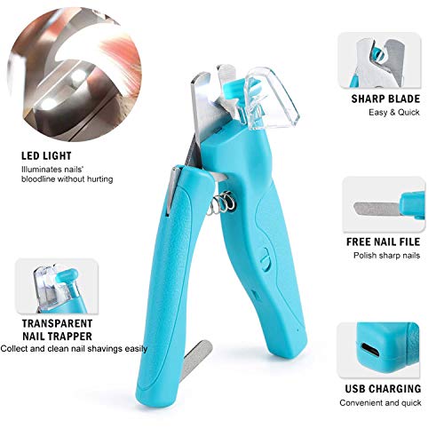 WWVVPET Cortaúñas para mascotas con luz LED para perros, gatos, recortadora de uñas y garras eléctricas, juego profesional seguro con atrapapuestas y lima de uñas, cuchillas afiladas de sensor rápido