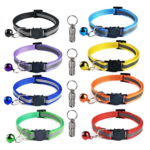 YANSHON Collar Gatos Reflectante con Campana 12PCS, Collar Reflectante Gatos Pequeño, Correa Gato con Campaña Luminoso Reflectante y Hebilla Seguro de Liberación Rápida, 8 Collares + 4 Colgantes