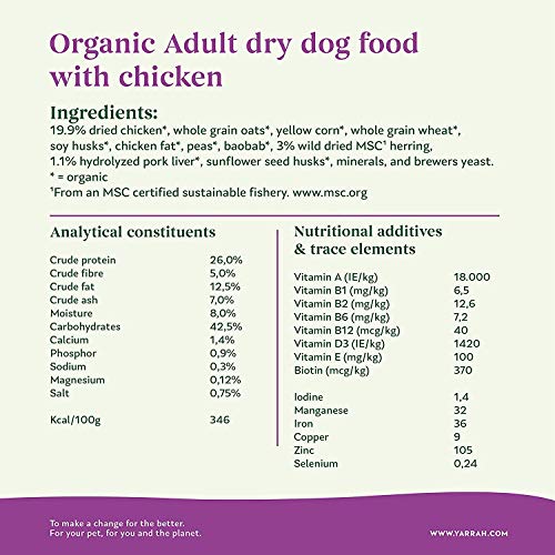 Yarrah Alimento Orgánico para Perros Adultos - 2 kg - para Razas Adultas Medianas y Grandes - Sin Aditivos Artificiales, Pesticidas ni OGM - Croquetas con Pollo, Pescado MSC, Guisantes y Baobab