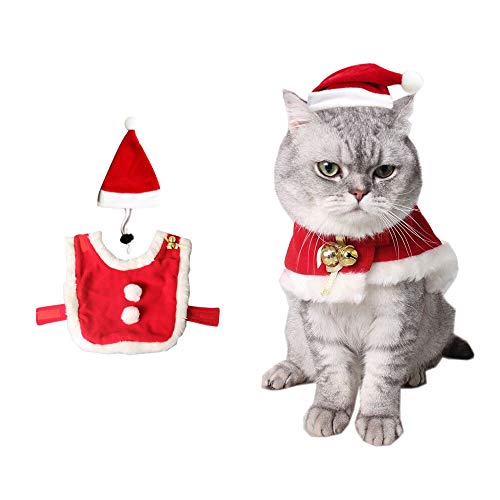 yizeda Disfraz de gato de Navidad, capa de Papá Noel, disfraz de Navidad con campanas, con un bonito sombrero de Navidad, un conjunto de dulces regalos para perros y gatitos (S)