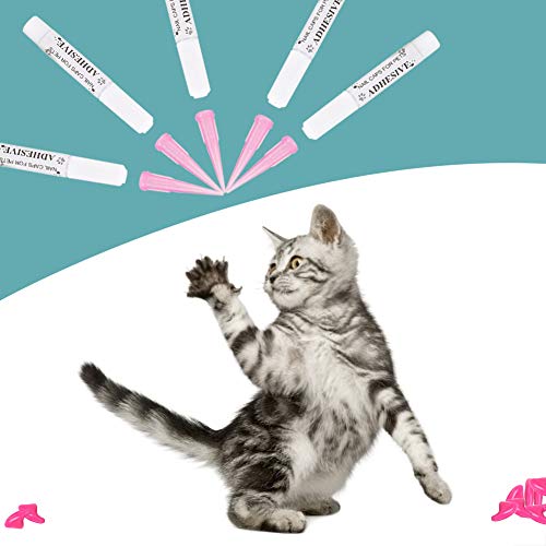 YOUTHINK 100Pcs Durable Pet Cat Soft PVC Nail Cover Paw Claw Cap Wrap Grooming Accesorio de Random 5Pcs Adhesive Glue con 5Pcs Aplicadores(M-Rosa Roja)