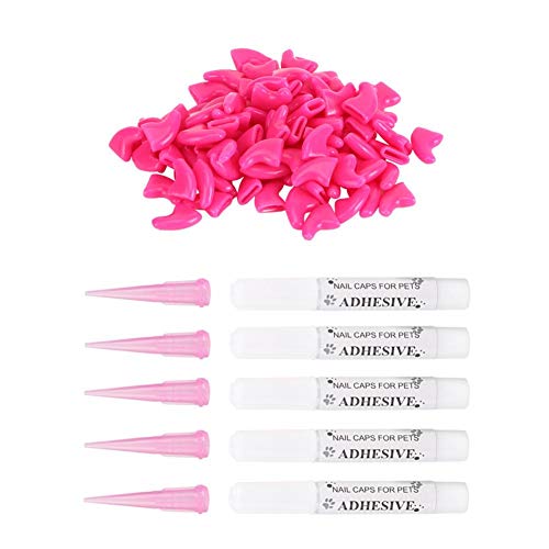 YOUTHINK 100Pcs Durable Pet Cat Soft PVC Nail Cover Paw Claw Cap Wrap Grooming Accesorio de Random 5Pcs Adhesive Glue con 5Pcs Aplicadores(M-Rosa Roja)