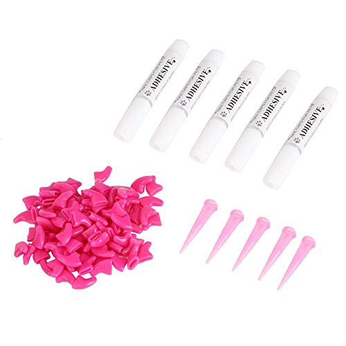 YOUTHINK 100Pcs Durable Pet Cat Soft PVC Nail Cover Paw Claw Cap Wrap Grooming Accesorio de Random 5Pcs Adhesive Glue con 5Pcs Aplicadores(M-Rosa Roja)