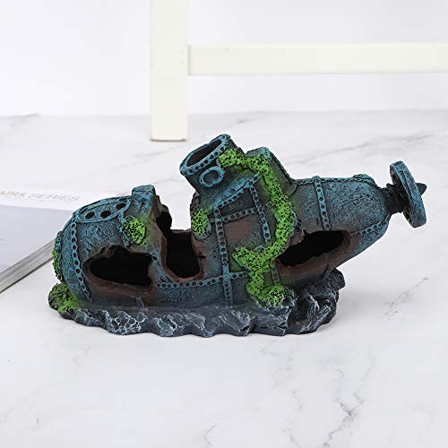 YOUTHINK Submarino Hundido Decoraciones de Acuarios Acuario de Resina Simulación Artificial Naufragio Realista Plantas de Agua Reptiles Escondite de la Casa Pecera Accesorio