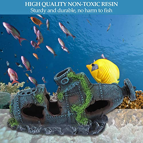 YOUTHINK Submarino Hundido Decoraciones de Acuarios Acuario de Resina Simulación Artificial Naufragio Realista Plantas de Agua Reptiles Escondite de la Casa Pecera Accesorio