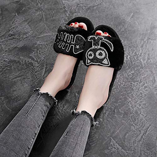 Zapatillas Para Mujer Algodón Slippers,Otoño Invierno Cálido Vintage Negro Simple Pez Gato De Peluche Hueso Confortable Interior De Felpa Antideslizante Inferior Grueso Silencio Inferior Suave Algodón