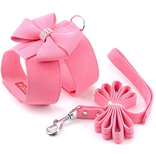 Zunea Arnés para Perro Pequeno Ajustable sin tirones Cachorro Arneses de Chaleco con Correa para Gatos Corbata de moño Bling Suave para pasear y Correr a Diario Rosa S