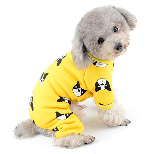 ZUNEA Pijama para Perro Pequeño Abrigo de Algodón Suave Ropa de Dormir con piernas Invierno Cálido para Mascotas Gatos Mono Adorable Sonrisa Estampado Cachorros Pijama Trajes Amarillo S