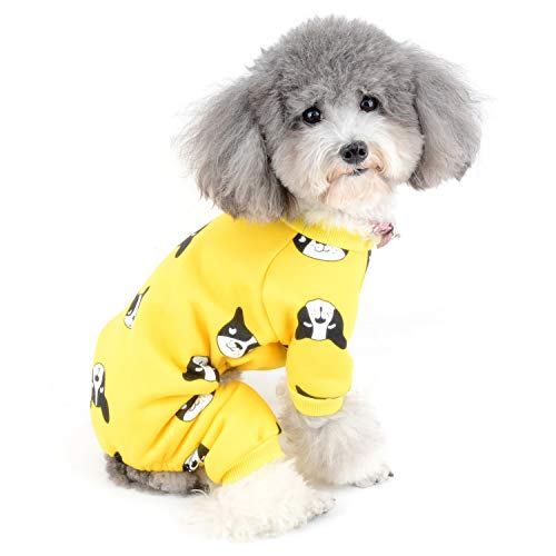 ZUNEA Pijama para Perro Pequeño Abrigo de Algodón Suave Ropa de Dormir con piernas Invierno Cálido para Mascotas Gatos Mono Adorable Sonrisa Estampado Cachorros Pijama Trajes Amarillo S
