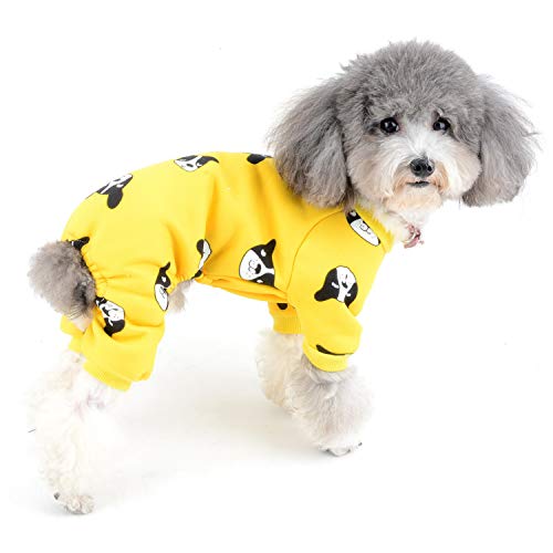 ZUNEA Pijama para Perro Pequeño Abrigo de Algodón Suave Ropa de Dormir con piernas Invierno Cálido para Mascotas Gatos Mono Adorable Sonrisa Estampado Cachorros Pijama Trajes Amarillo S