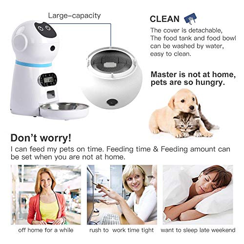 ZYEZI Alimentador automático para mascotas, diseño de robot, placa de comida de acero inoxidable con pantalla LCD, cuantificación programada alimentador inteligente para gatos y perros