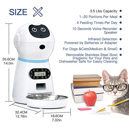 ZYEZI Alimentador automático para mascotas, diseño de robot, placa de comida de acero inoxidable con pantalla LCD, cuantificación programada alimentador inteligente para gatos y perros