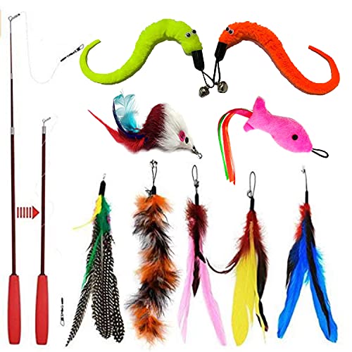 10 PCS Juguete Para gato, varita interactiva retráctil para gato con recambios con campanas plumas gusanitos ratone, caña para gatos , juguetes interactivos para gatos magic wand