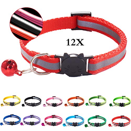 12 Piezas Collar Gato Collar Reflectante Gato Seguridad Ajustable con Hebilla de Seguridad Collar Campana Gato,Collar Gato Pequeño Personalizado