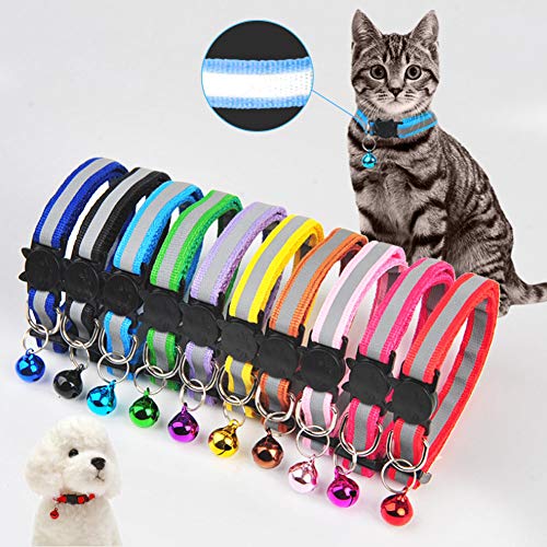 12 Piezas Collar Gato Collar Reflectante Gato Seguridad Ajustable con Hebilla de Seguridad Collar Campana Gato,Collar Gato Pequeño Personalizado
