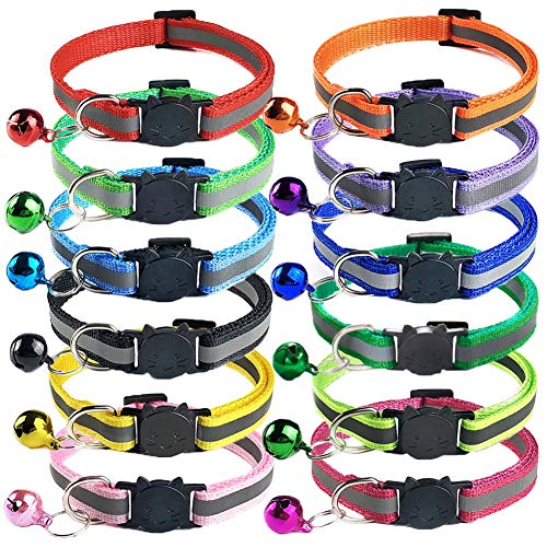 12 Piezas Collar Gato Collar Reflectante Gato Seguridad Ajustable con Hebilla de Seguridad Collar Campana Gato,Collar Gato Pequeño Personalizado