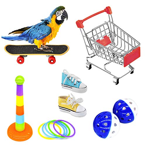 8 piezas juguete para loros, mini monopatín, cesta de la compra, carrito de la compra, Bell Ball Férula, accesorios para jaula de pájaros, juguete para veterinario, juguete de periquitos