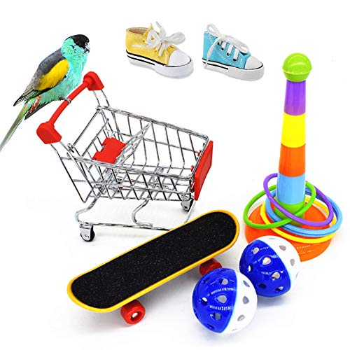 8 piezas juguete para loros, mini monopatín, cesta de la compra, carrito de la compra, Bell Ball Férula, accesorios para jaula de pájaros, juguete para veterinario, juguete de periquitos