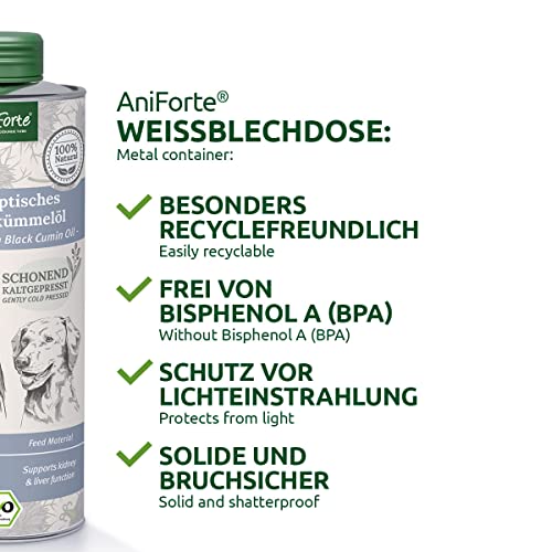 Aceite orgánico de comino negro egipcio AniForte para perros y caballos 500ml - Prensado en frío, aceite de comino negro 100% natural, aditivo Barf de primera calidad, envase reciclable sin BPA