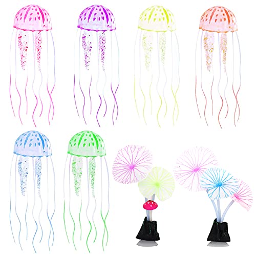 Acuario Medusas, Xiuyer 10pcs Acuario Coral de Silicona Simulación Artificial Medusas Resplandecientes Decoración del Tanque de Peces Adorno de Decor de Plantas Coralinas Marina Realista Ornamento