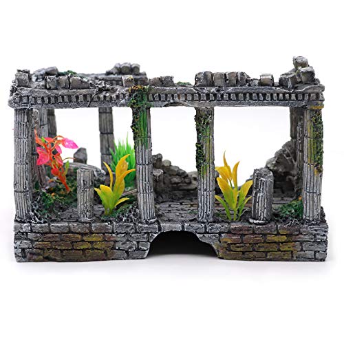 Adornos para decoración de acuario del templo de Atenas, pilar romano, decoración de pecera, 24 x 16 x 14 cm (negro gris)