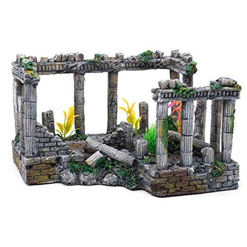 Adornos para decoración de acuario del templo de Atenas, pilar romano, decoración de pecera, 24 x 16 x 14 cm (negro gris)