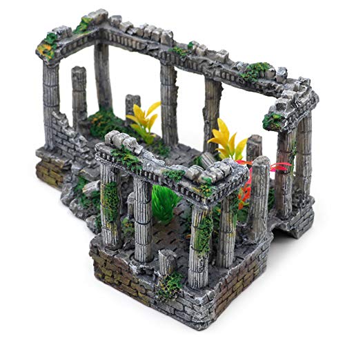 Adornos para decoración de acuario del templo de Atenas, pilar romano, decoración de pecera, 24 x 16 x 14 cm (negro gris)