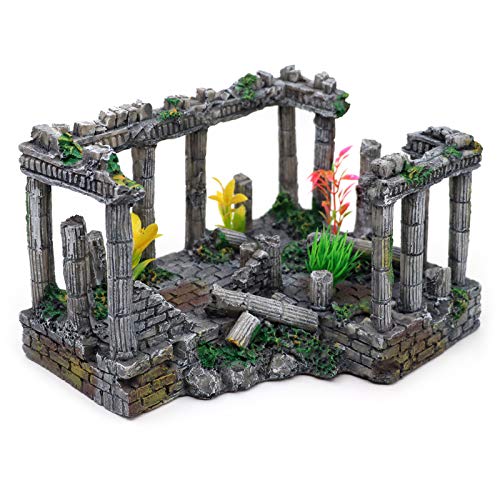 Adornos para decoración de acuario del templo de Atenas, pilar romano, decoración de pecera, 24 x 16 x 14 cm (negro gris)