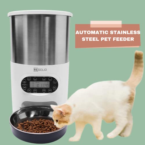 Alimentador automático de acero inoxidable para mascotas, alimentador para perros, dispensador de alimentos, grabadora de voz, batería y alimentación enchufable por U.S. Solid
