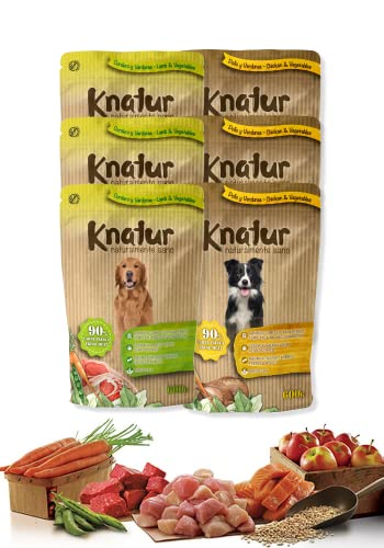 Alimento Natural casero para Perros, húmedo con Carne Fresca y Verduras Frescas - 90% Carne Knatur (6x600gr) (Cordero y Pollo)