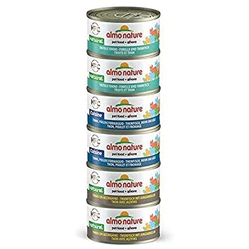 Almo Nature - Paquete múltiple de atún, Pollo y Queso, atún y Trucha y atún, 6 latas de 70 g