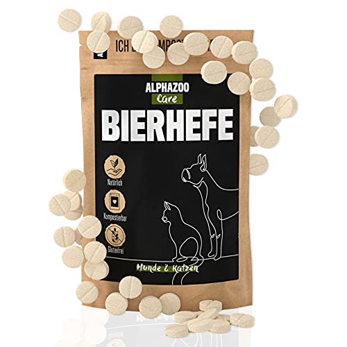 alphazoo Pastillas de levadura de cerveza perro y gato 50 piezas, para el pelo brillante, polvo de levadura de cerveza pestañas minerales, vitaminas B, contra la pérdida de cabello y las garrapatas