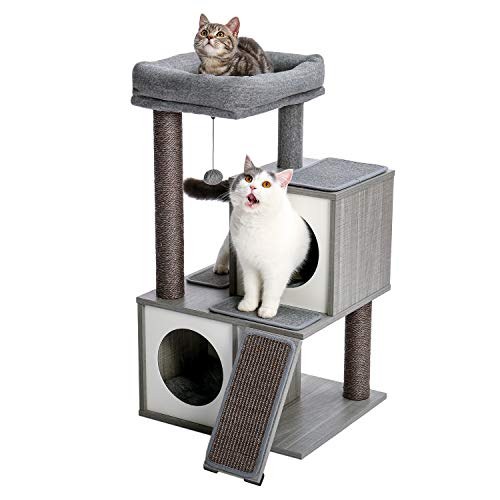 Amazon Brand – Eono Moderno De Madera Arbol Rascador para Gatos Gatitos Mueble con Casa Juguete Retirable Lavable Estera Gris Altura 34"