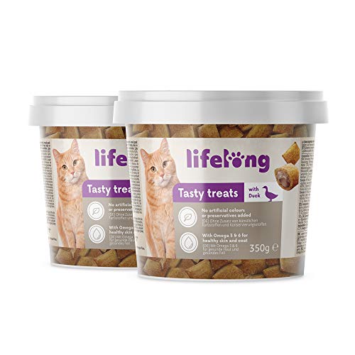 Amazon Brand - Lifelong Deliciosos premios con pato para Gatos, 2 x 350g