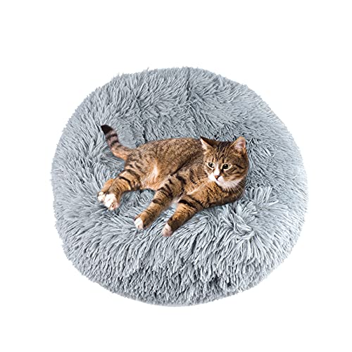 Andiker Cama de felpa para gatos en forma de donut suave y cómoda para gatos de interior, cojín redondo, cojín relajante para gatos, cojín antideslizante para cachorros (gris)