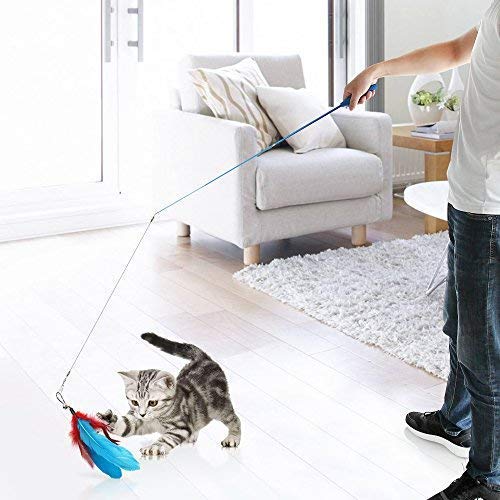 Angel's Pride Varita mágica de juguete para gatos, juguete interactivo con 5 plumas, juguete para gato con caña de repuesto, bolsa de almacenamiento (azul)