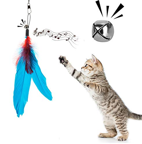 Angel's Pride Varita mágica de juguete para gatos, juguete interactivo con 5 plumas, juguete para gato con caña de repuesto, bolsa de almacenamiento (azul)