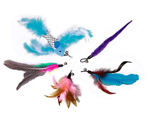 Angel's Pride Varita mágica de juguete para gatos, juguete interactivo con 5 plumas, juguete para gato con caña de repuesto, bolsa de almacenamiento (azul)