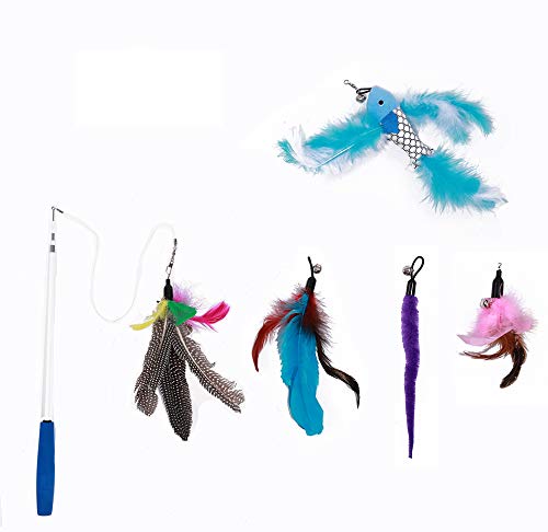 Angel's Pride Varita mágica de juguete para gatos, juguete interactivo con 5 plumas, juguete para gato con caña de repuesto, bolsa de almacenamiento (azul)