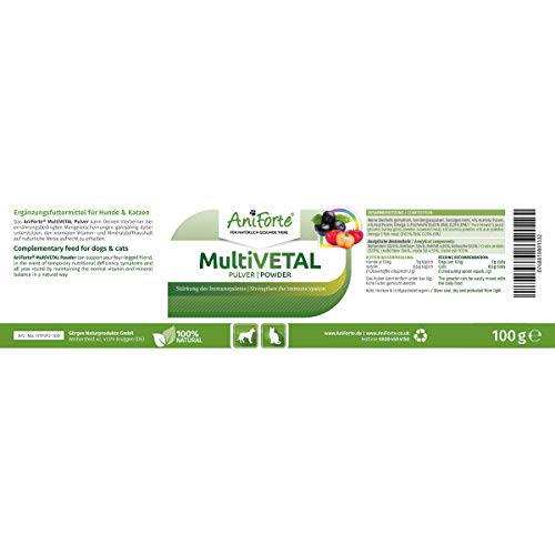 AniForte MultiVETAL es un multivitamínico en polvo para perros, gatos 100g - Vitaminas, minerales y nutrientes naturales para ayudar a las defensas de manera natural