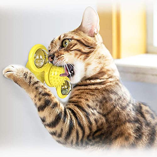 AOOF Molino de viento divertido gato juguete gatera bola con luz, masajeador de silicona tocadiscos interactivo juguete para mascotas, rascando gatito limpieza dientes juguete (amarillo)