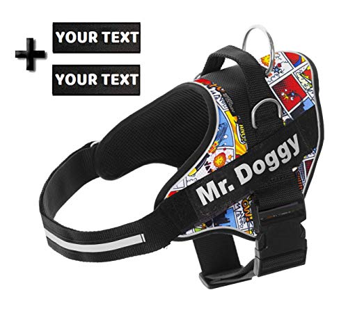 Arnés Personalizado para Perros - Arnés para Perros Reflectante y Seguro - Incluye 2 Etiquetas con Nombre - Tamaño Pequeño, Mediano y Grande - De Calidad y Resistente (XS 3-7KG, Cómic)