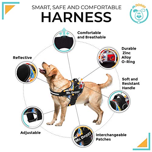 Arnés Personalizado para Perros - Arnés para Perros Reflectante y Seguro - Incluye 2 Etiquetas con Nombre - Tamaño Pequeño, Mediano y Grande - De Calidad y Resistente (XS 3-7KG, Cómic)