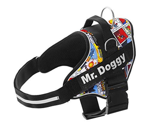 Arnés Personalizado para Perros - Arnés para Perros Reflectante y Seguro - Incluye 2 Etiquetas con Nombre - Tamaño Pequeño, Mediano y Grande - De Calidad y Resistente (XS 3-7KG, Cómic)
