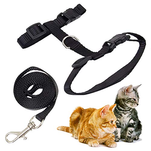 Arnés y Correa para Gato Collar Ajustable Antiescape Correas de Entrenamiento para Mascotas Pequeño y Gatito Caminata al Aire Libre (Negro)
