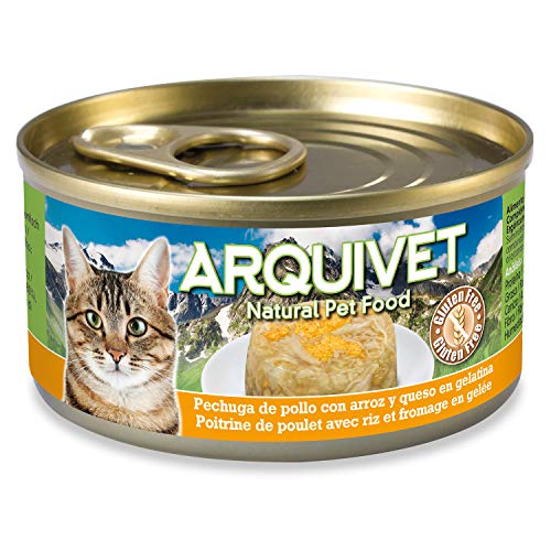 ARQUIVET Pack 24 LATAS Pechuga de Pollo con Arroz en Gelatina con Queso para Gatos - 80 gr por Unidad - Ingredientes Naturales, Sabroso y nutritivo - Comida húmeda para Gatos - Latas Gourmet