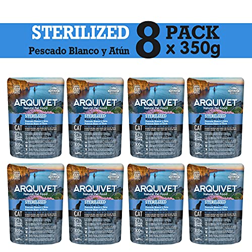 ARQUIVET - Pack 8 Bolsas Pienso Pescado Blanco y atún Frescos para Gatos esterilizados - Comida para Gatos - Alimentos para Gatos - Comida para felinos - Cantidad: 2800 gr (350 gr x 8 Unidades)