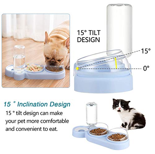 auvstar 3 en 1Cuenco del Gato Doble Tazón,15°Inclinación Tazón de Alimentación para Gatos,Comederos Gatos Elevado con Bebedero Automático,Antideslizante,Se Puede Utilizar para Gatos y Cachorros (Azul)